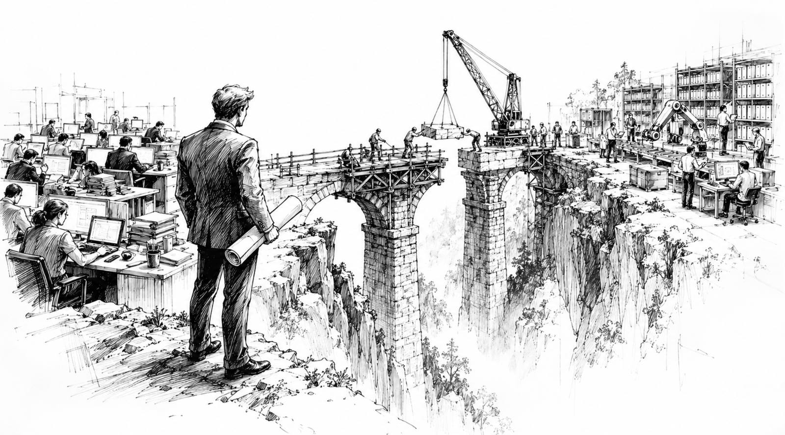Pen-and-ink illustration of a man at a cliff edge watching a stone bridge being completed between a busy office and a working operation where people and machines work together.
